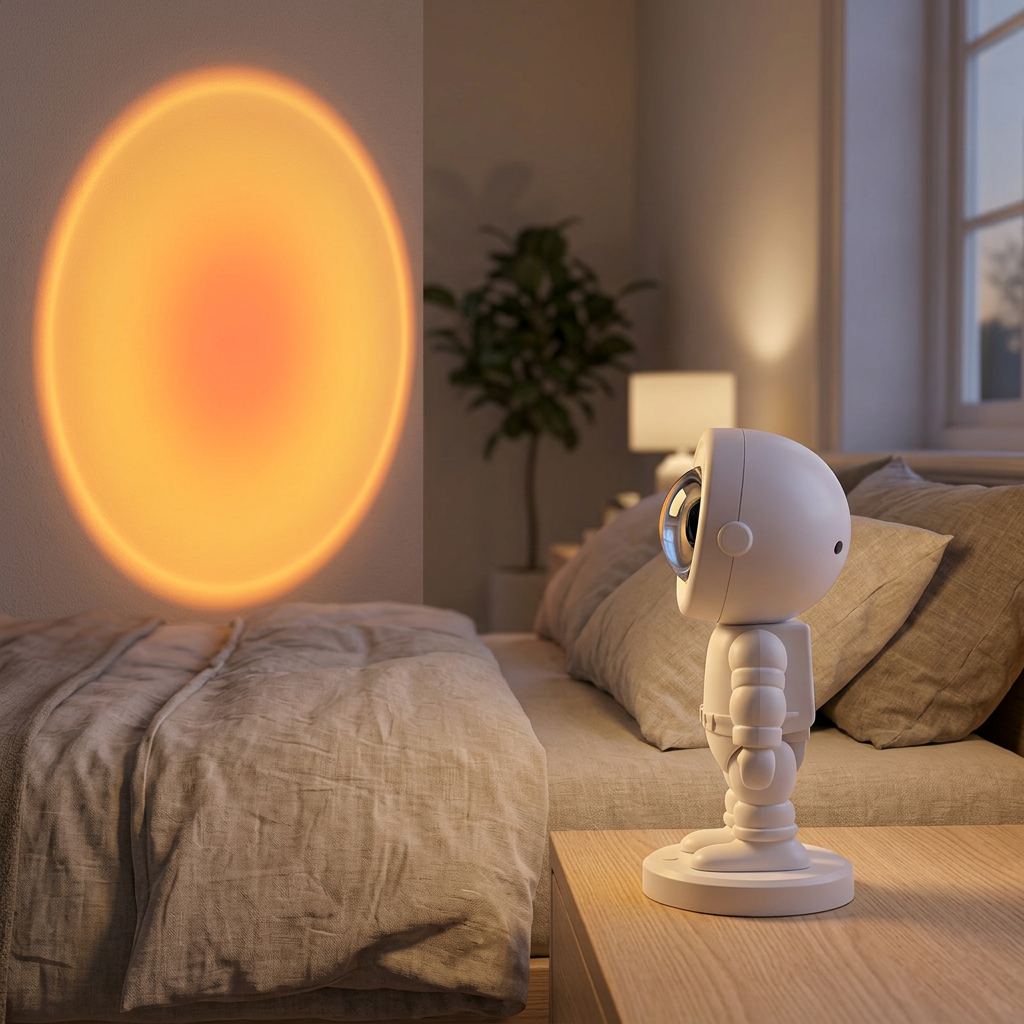 Lámpara astronauta proyectando luz de atardecer en un dormitorio